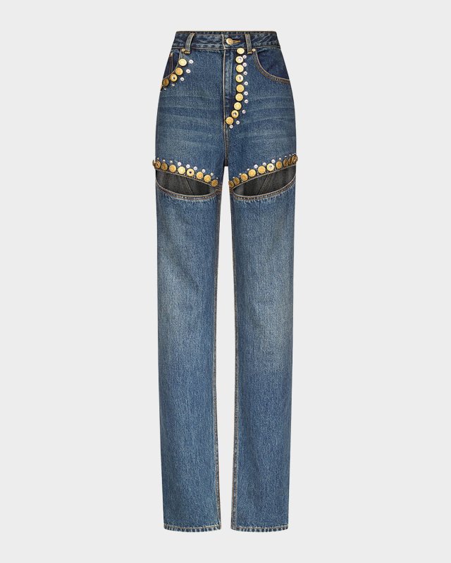 Crystal Button Studded Slit Straight-Leg Jeans